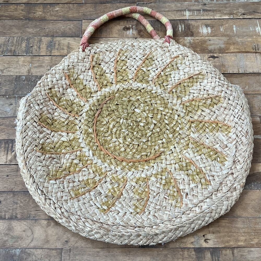 Nordstrom Beige Woven Straw Handbag Sun Design Double Handles